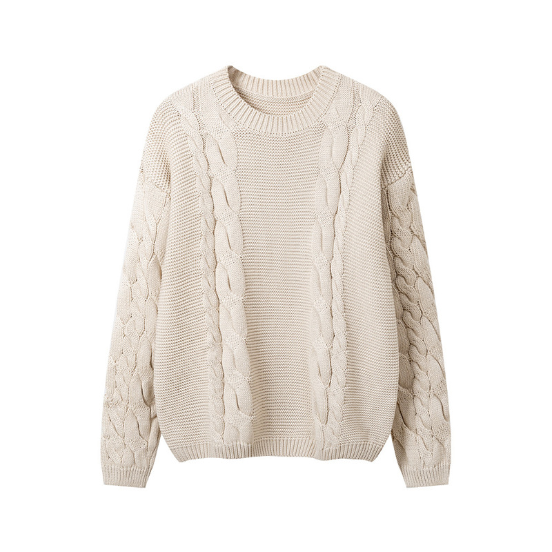 100% Pure Cotton Hemp Twist Knitwear Women's Autumn and Winter Round Neck Long-Sleeved Loose Lazy Style Thickeneded Cotton Knitwear Top