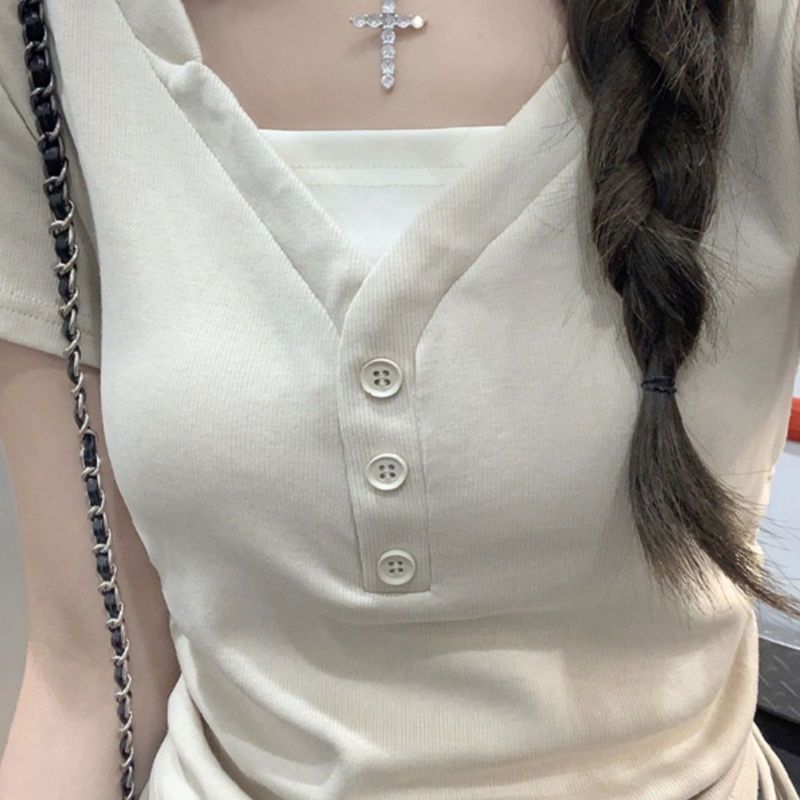 假两件纽扣短袖t恤女夏季新款V领抽绳正肩高腰短款修身显瘦上衣潮|undefined