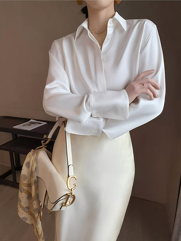 醋酸高级感女上衣2025秋季新款缎面白衬衫法式气质正装职业衬衣|undefined