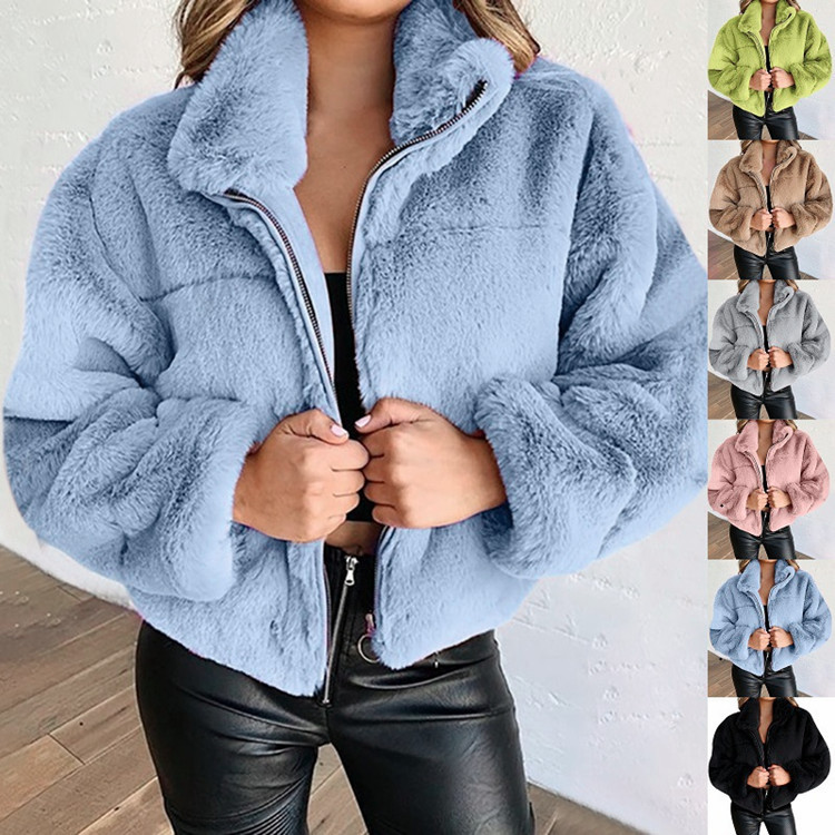 Fashion Solid Color Patchwork Polyester Zipper Coat Woolen Coat display picture 2