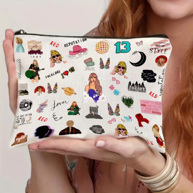 Bolsa de Cosméticos Impermeable de Lino con Estampado Doble Cara de Taylor Swift, Venta Directa de Fábrica, Éxito de Ventas en Amazon Internacional