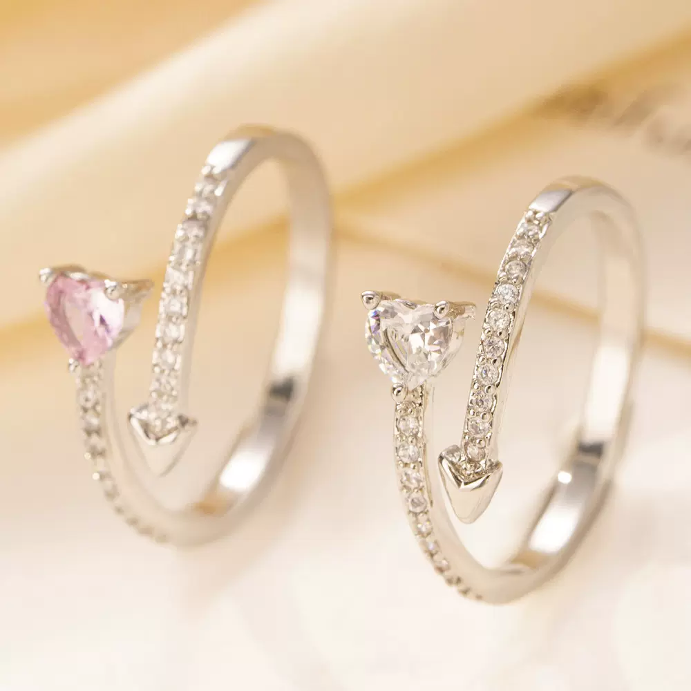 跨境热卖韩版爱心时尚锆石一箭穿心情侣戒指ins小众轻奢高级开口