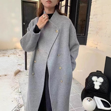 秋冬新款韩系立领不规则双排扣双面羊毛大衣女长款宽松羊毛外套女