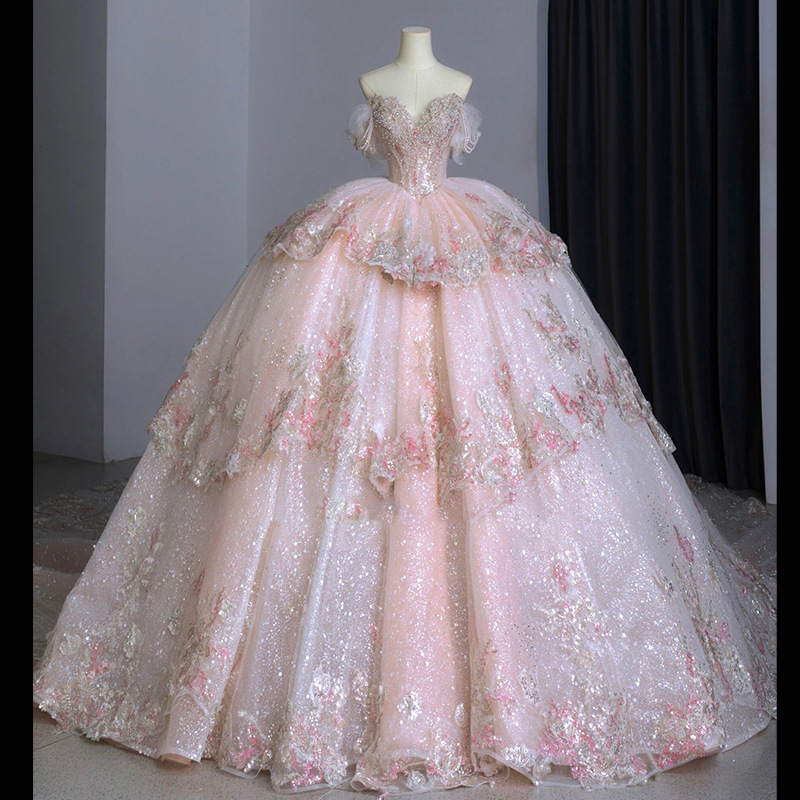 Off-Shoulder 2024 Wedding Dress New Style Bride Heavy Pink Long Train Runaway Princess Petite Main Gown for Women