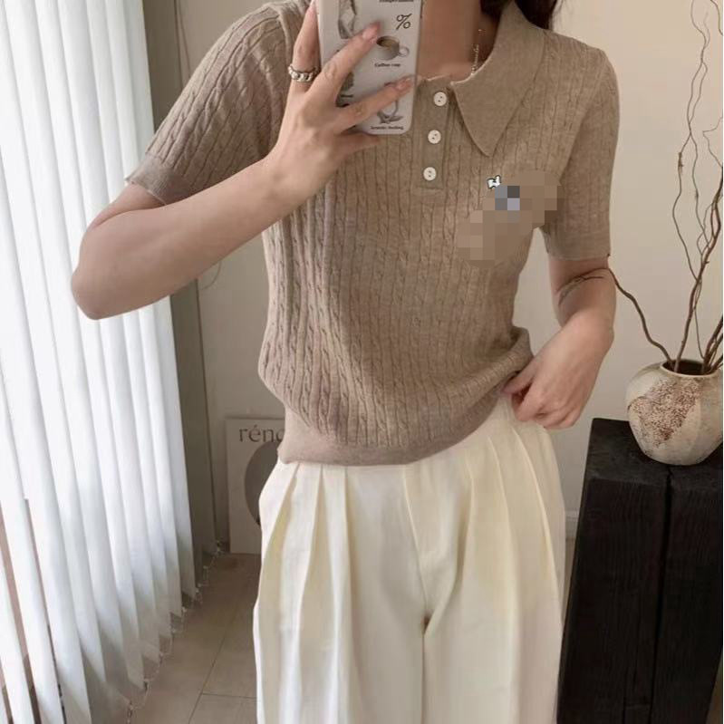 夏の新型純色ニット半袖tシャツ上着麻花刺繍高級感|undefined