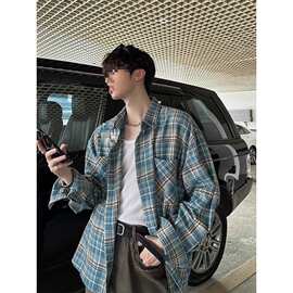 美式复古黄蓝格子衬衫长袖cleanfit休闲宽松撞色情侣衬衣外套热销