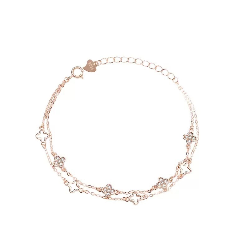 S925 二層四つ葉のクローバーアンクレット女性用スターリングシルバーインフォレストローズゴールドライト高級ハイエンド気質フットジュエリーシンプル|undefined
