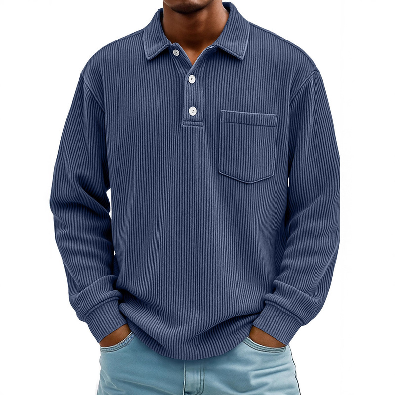 Amazon Men's Autumn and Winter New Pocket Long-Sleeve Polo Shirt, Light Mature Casual Corduroy Striped Retro Top for Men