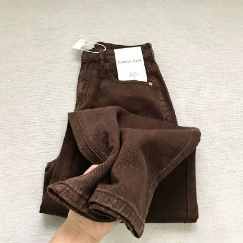 Women's brown straight-leg jeans, American retro style, high-waisted, loose fit, slimming, casual, wide-leg, narrow version, new spring/autumn collection