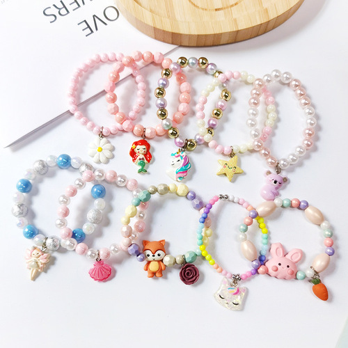 Children's Cute Beaded Bracelet, Cartoon Pearl Hand Chain, Cartoon Rainbow Unicorn Bead Jewelry for Girls