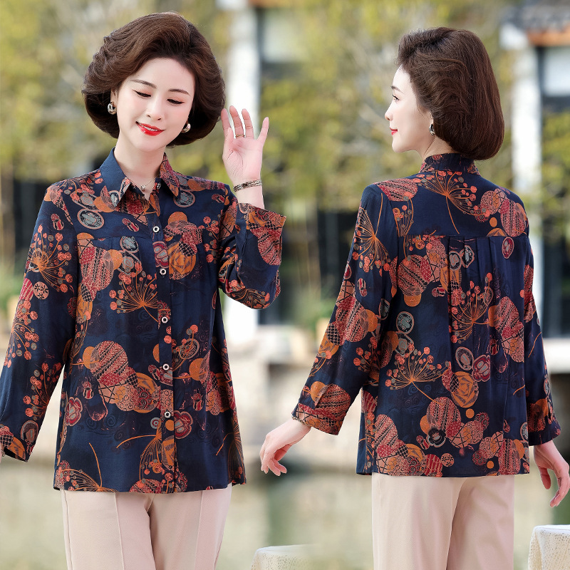 Middle-aged and elderly women's clothing cotton mother's shirt T-shirt spring and summer cotton silk plus-size long sleeve top flower shirt for the elderly Middle-aged and elderly women's clothing cotton mother's shirt T-shirt spring and summer cotton silk plus-size long sleeve top flower shirt for the elderly
