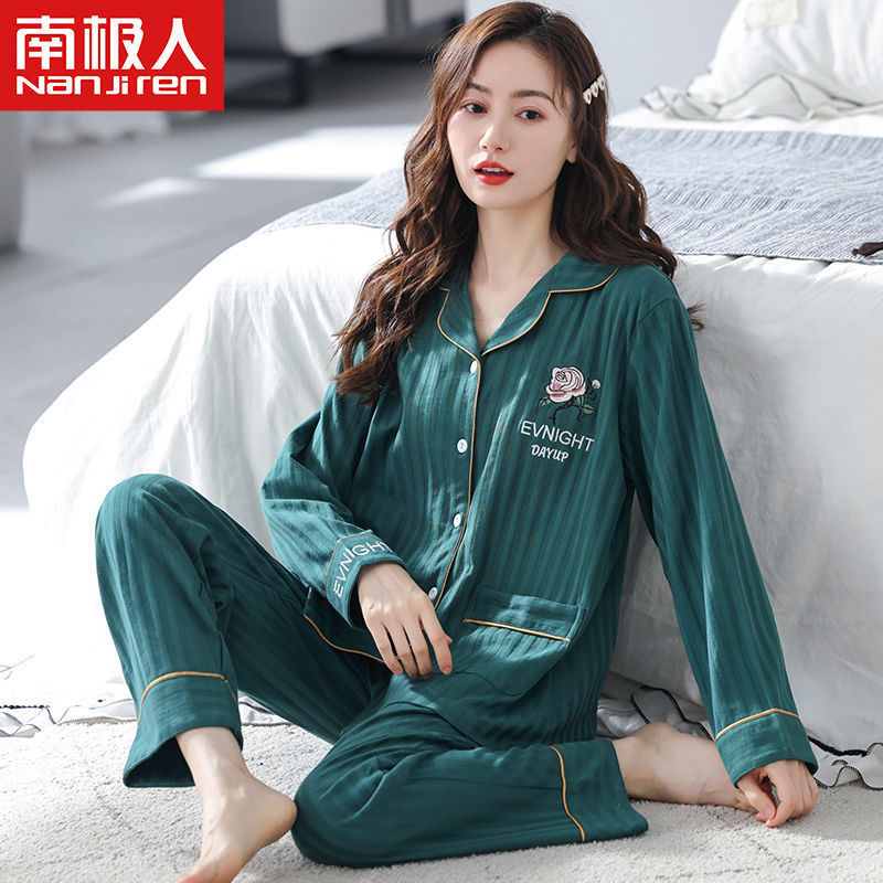 Pijama de algodón 100% traje de manga larga de primavera y otoño para mujer más tamaño Otoño e Invierno ropa de casa de algodón fino conjunto de dos piezas