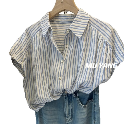 Women's Summer 2025 New French Retro Vibe Short-Sleeve Shirt with Striped Shoulder Design - Slimming Top