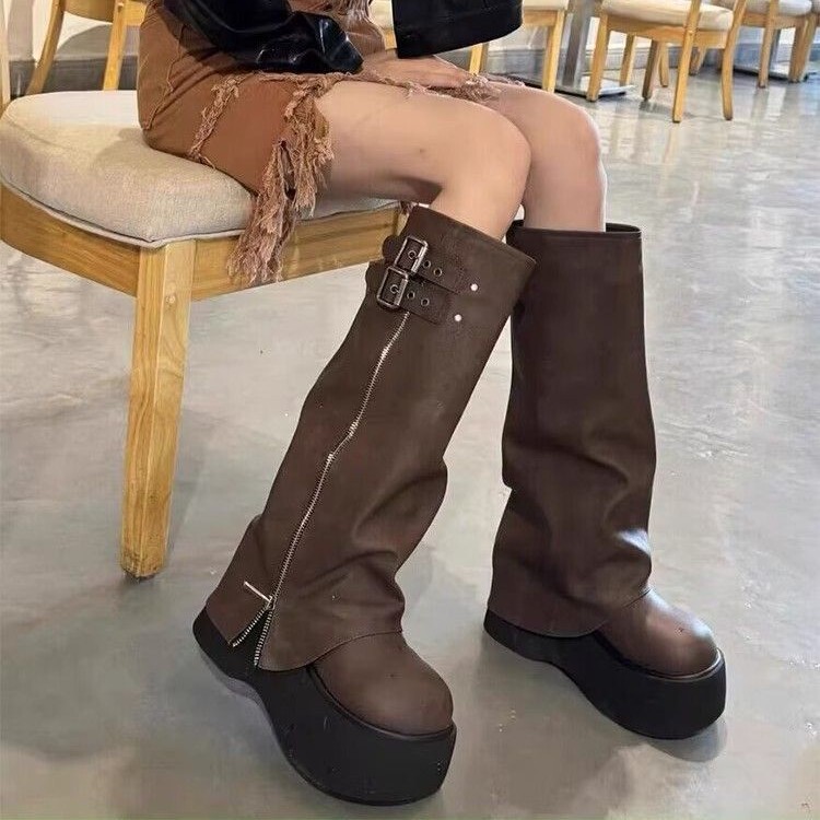 美式复古增高厚底裤管靴女2025秋季新款甜酷百搭不过膝长靴骑士靴|undefined