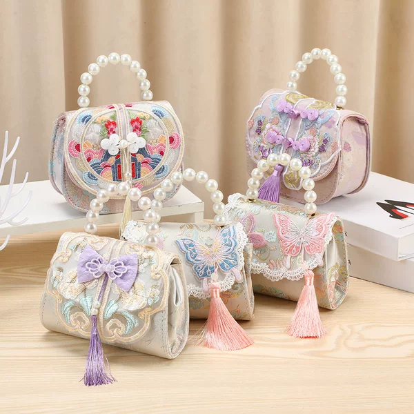 Children's Bag Antique Embroidered Coin Purse High-end Sense Exquisite Little Princess Handbag Pearl Portable Storage Wallet