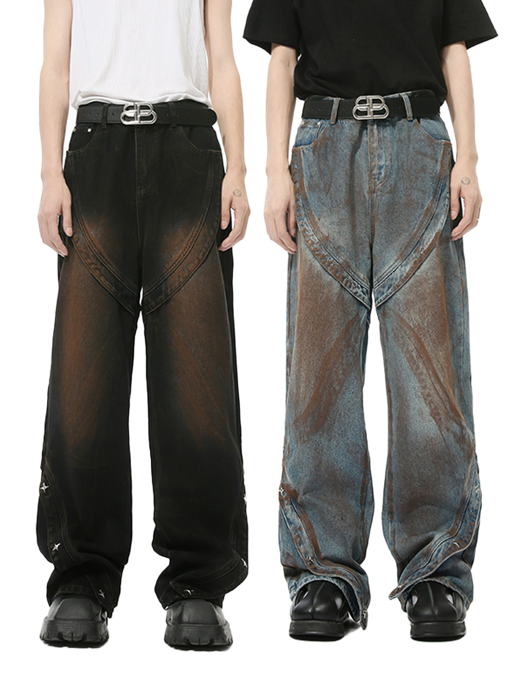 MTLCLOTHES Hombres| Nuevos productos de otoño de alta calle de residuos de viento de tierra hacer viejos teñidos sucios empalme deconstrucción jeans casuales