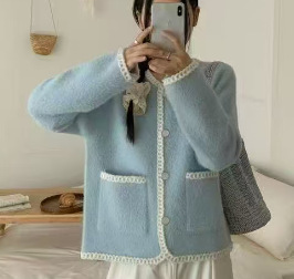 秋冬时尚撞色条纹棒球领拉链开衫毛衣女时尚通勤长袖针织衫外套|undefined
