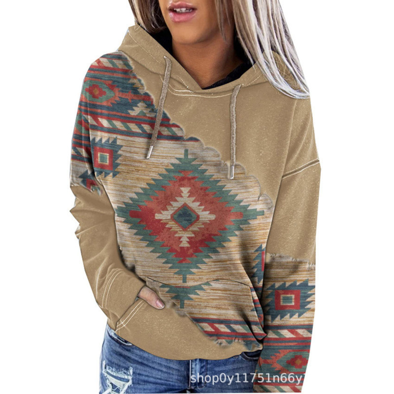 Long-Sleeved Trendy Women's Western Autumn and Winter Hoodies New Aztec Pattern Printed Women's Sweatshirts Casual