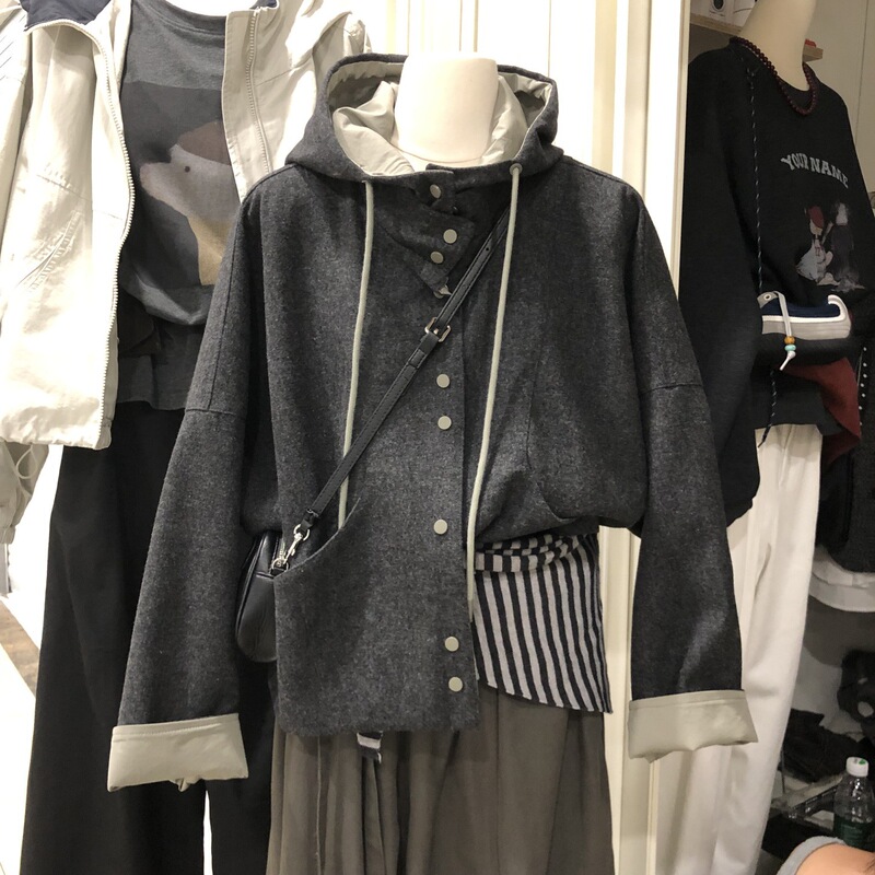 撞色连帽单排扣毛呢外套女2025秋季新款韩版宽松休闲上衣潮ZM6631|undefined