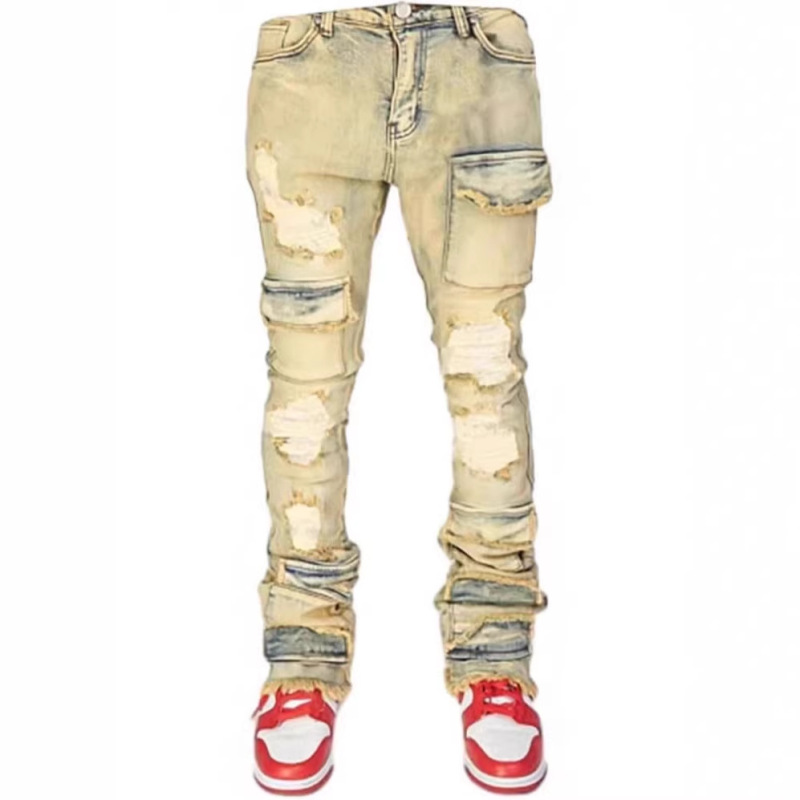 Men's Slim Straight Stacked Jeans with Ripped Distressed Workwear Style