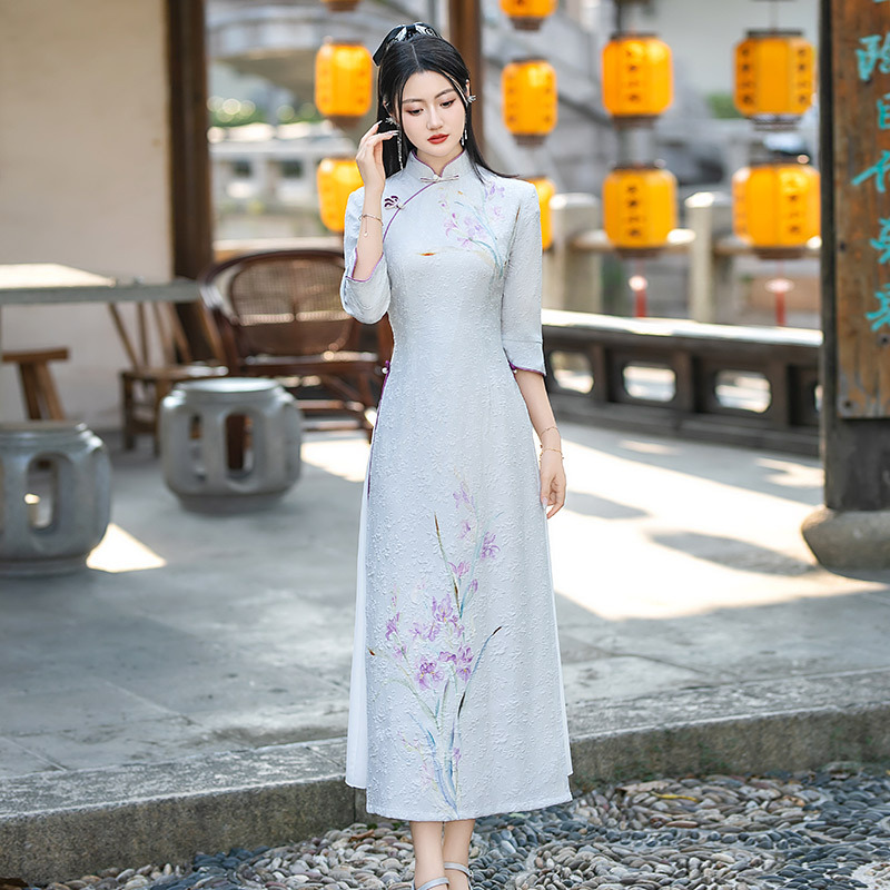 顯瘦奧戴國風新中式改良旗袍2025新款女復古長袖日常連衣裙春秋裝