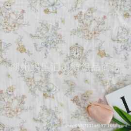 纯棉双层皱布纱布绉布数码直喷印花面料碎花兔子手提袋箱包化妆包