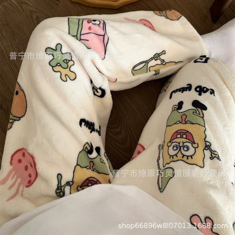 Фланелевые брюки, пижама с мультяшным принтом, коралловые бархатные леггинсы для отдыха