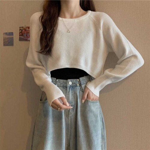 Loose Short-Sleeve Layered Crew Neck Knit Top for Women, Spring and Autumn Versatile Long-Sleeve Black Sweater
