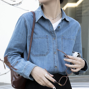 2023 real shot new retro distressed light blue soft Denim shirt women's autumn all-match front shoulder folded cotton shirt