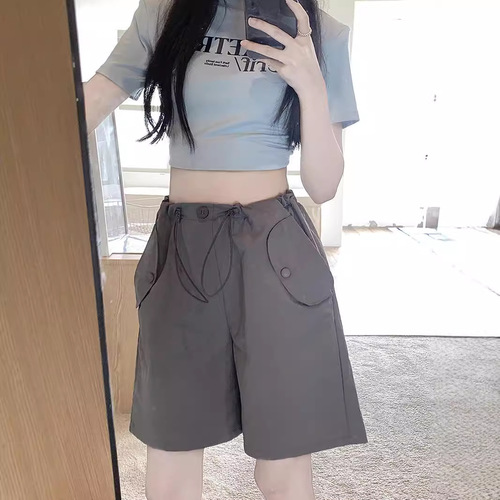 Pink Work Shorts for Women, Summer Loose Thin Style American Quick-Dry Sport Pants High-Waisted Wide Leg Casual Five-Finger Pants