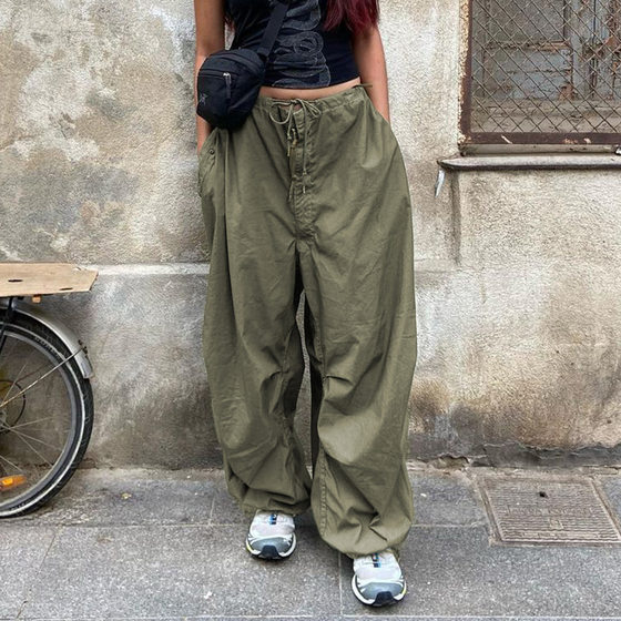 Cross-border foreign trade 2022 summer new European and American hot girl tooling elastic band drawstring fashion low waist wide leg casual pants