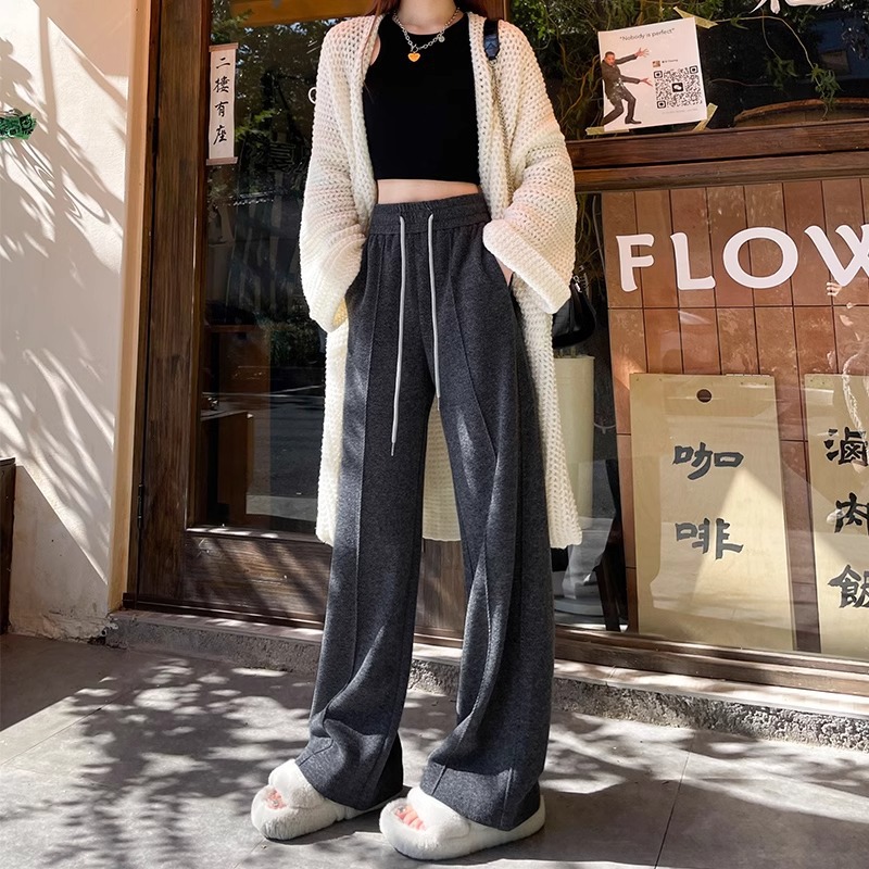 Pantalones de lana para mujeres otoño y invierno 2024 pantalones de cintura alta con estripes casuales, pantalones rectos de forma estrecha, pantalones de piernas anchas, trajes universales