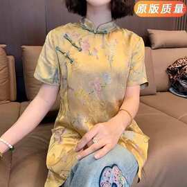 网红新中式爆款印花女国风轻薄开衫中长款时尚气质马甲女款上衣