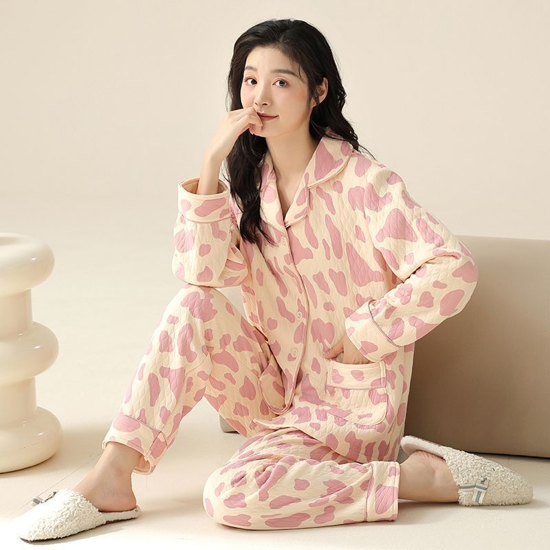 Pijamas de algodón de aire de otoño y invierno de mujeres capa intermedia de manga larga caliente y grueso conjunto red nueva ropa dulce para el hogar