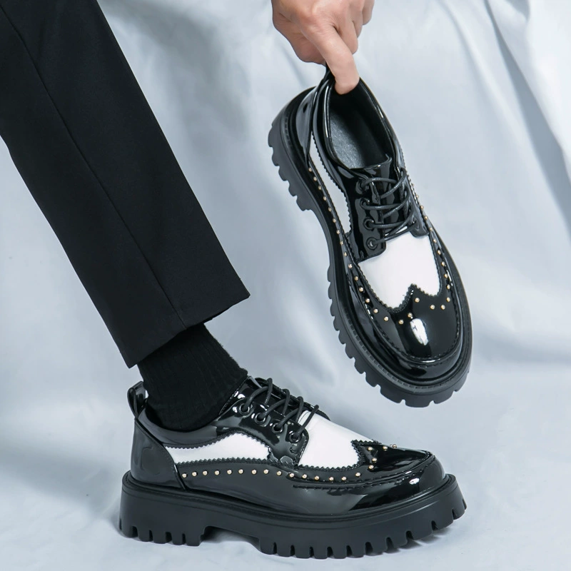 Кроссовки больших размеров 2025, формальные и повседневные, с заклепками, персонализированные, кожаные, на толстой подошве, увеличивающие рост, черно-белые, модные мужские туфли
