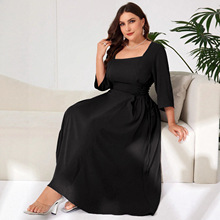 国际站外贸大码女装优雅风方领连衣裙秋冬高级感减龄设计感中长裙