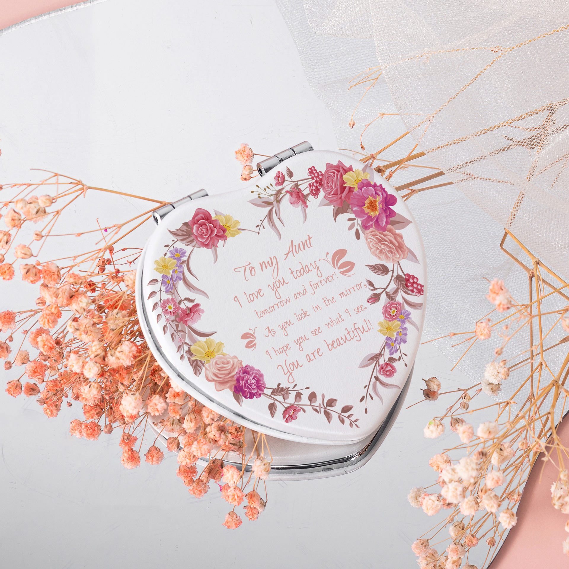 Espejo portátil con funda de PU en forma de corazón, estilo ins