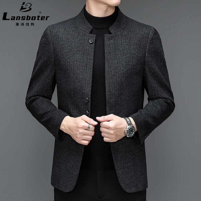 Bộ vest nam cổ đứng dáng ôm co giãn, áo khoác vest công sở tay dài — Màu đen