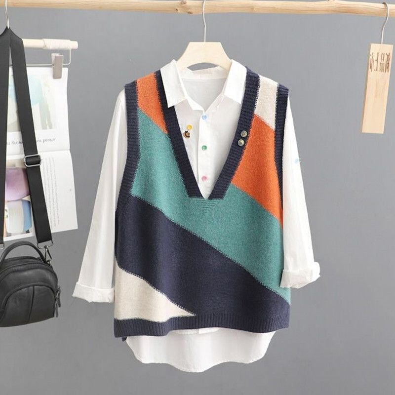 Spring and Autumn 2024 New Women's Outerwear Contrast Color V Neck Sweater Pullover Knitted Sweater Layered Vest Women's Waistcoat