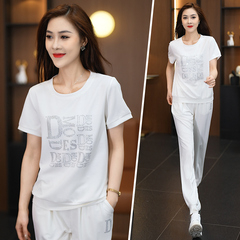 圓領重工燙鑽印花長褲夏季運動服套裝新款短袖休閒跑步服兩件套潮