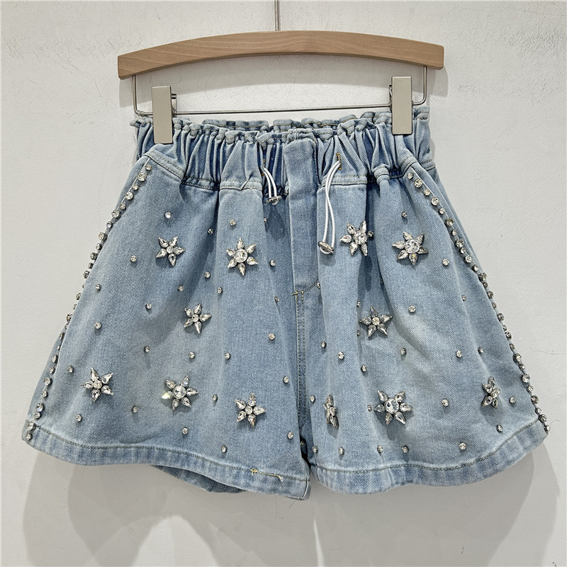 Pantalones Cortos de Mezclilla de Pierna Ancha con Cintura Elástica y Diamantes para Verano