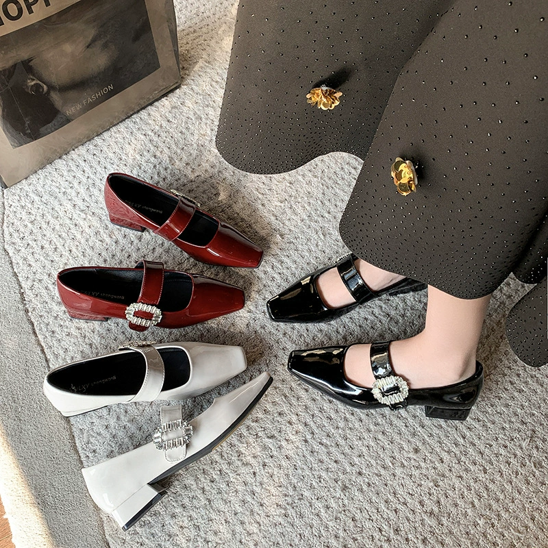 Туфли Мэри Джейн на одну лямку с французскими стразами из овчины, женские черные, вечерний стиль, толстые каблуки, на высоком каблуке