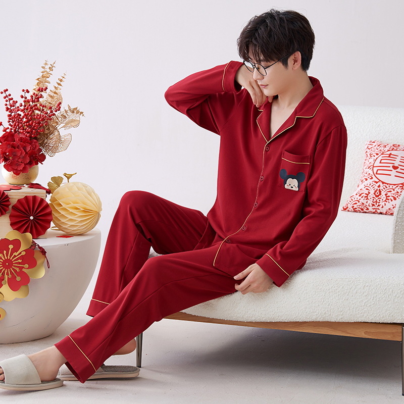 Pijamas hombres primavera y otoño algodón manga larga rojo brillante año animal algodón fino otoño primavera y verano ropa para el hogar