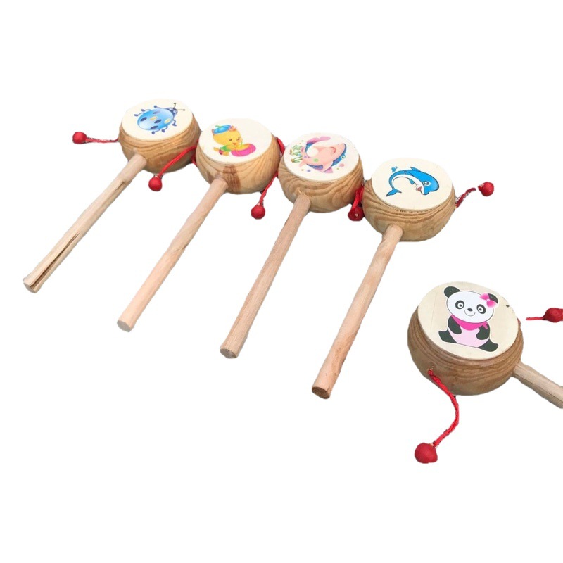 Baby Wooden Small Color Printing Rattle Drum Rattle Stall Children's Toys Early Childhood Education Traditional Wooden Hand Drum