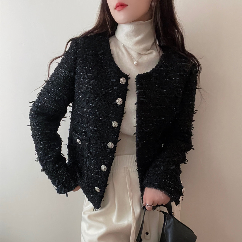 2025 Autumn and Winter Black Gold Small Fragrance Jacket Women's Light Luxury Lady Style Tweed French Retro Single-Breasted Suit Jacket