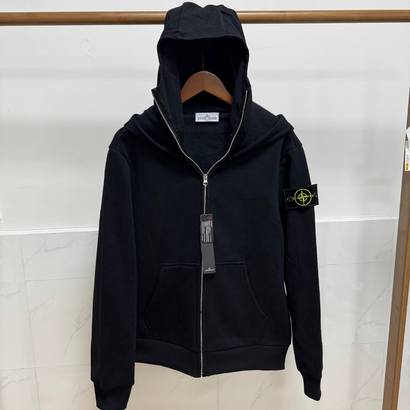 Island-style streetwear double-hooded sweatshirt for men, black rapper high street ST hip-hop cardigan, European size, cross-border