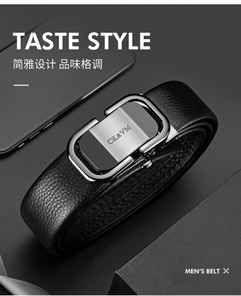 Guangzhou Genuine Leather Men's Belt with Automatic Buckle, Full Grain Cowhide Waist Belt, Premium Quality Men's New Style