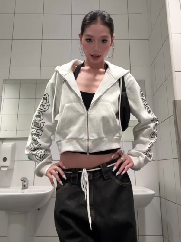美式复古趣味图案长袖连帽卫衣女春秋设计感宽松气质休闲百搭外套|undefined