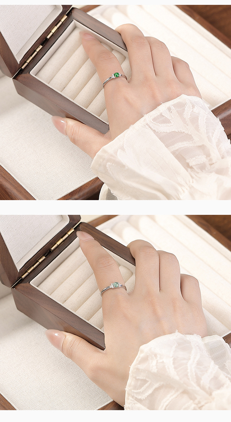 Nhẫn bạc S925 đính đá ngọc nước xanh dạng hạt tròn mở điều chỉnh — Mẫu ngọc nước xanh chi tiết 5