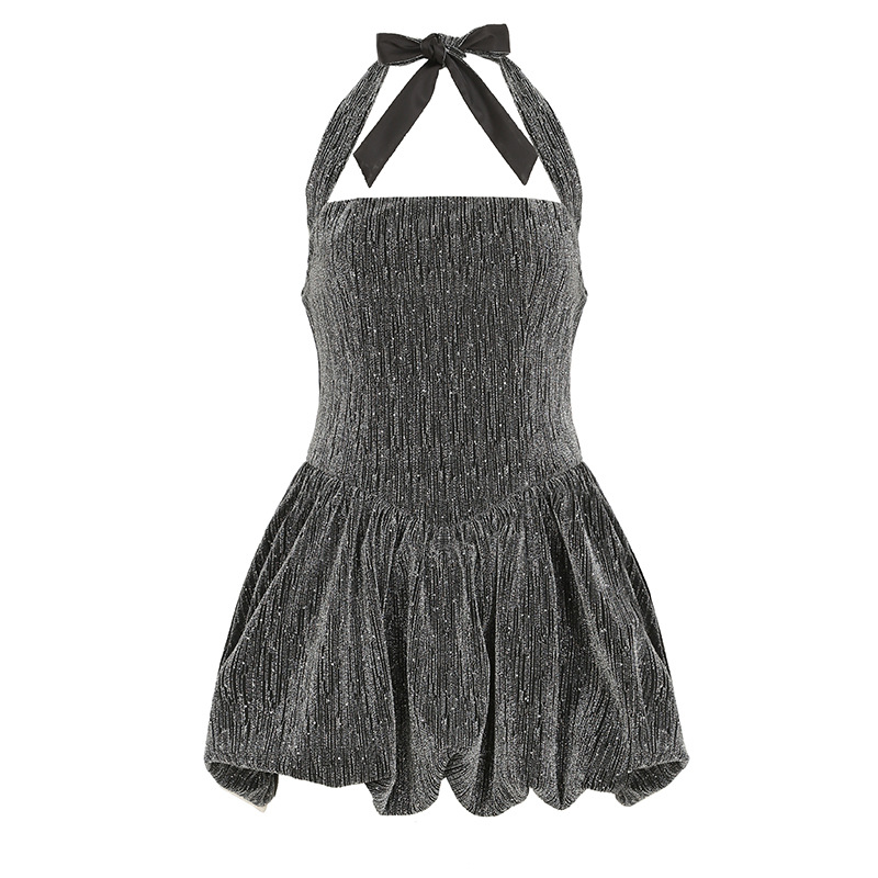 Bright Silk Thin Glittering Halter Dress Tube Top Cinched Waist A line Puffy Puffy dress